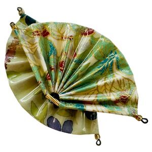 Vintage Handcrafted Origami Paper Fan Brooch Floral Gold Metallic Ends UNIQUE